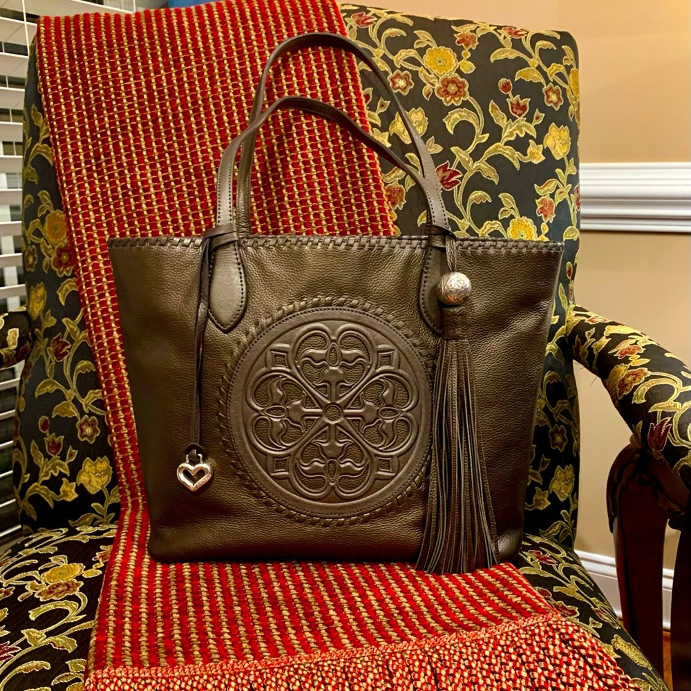 Brighten “Gabriella Medallion Tasseled Leather Tote” Color is Pewter